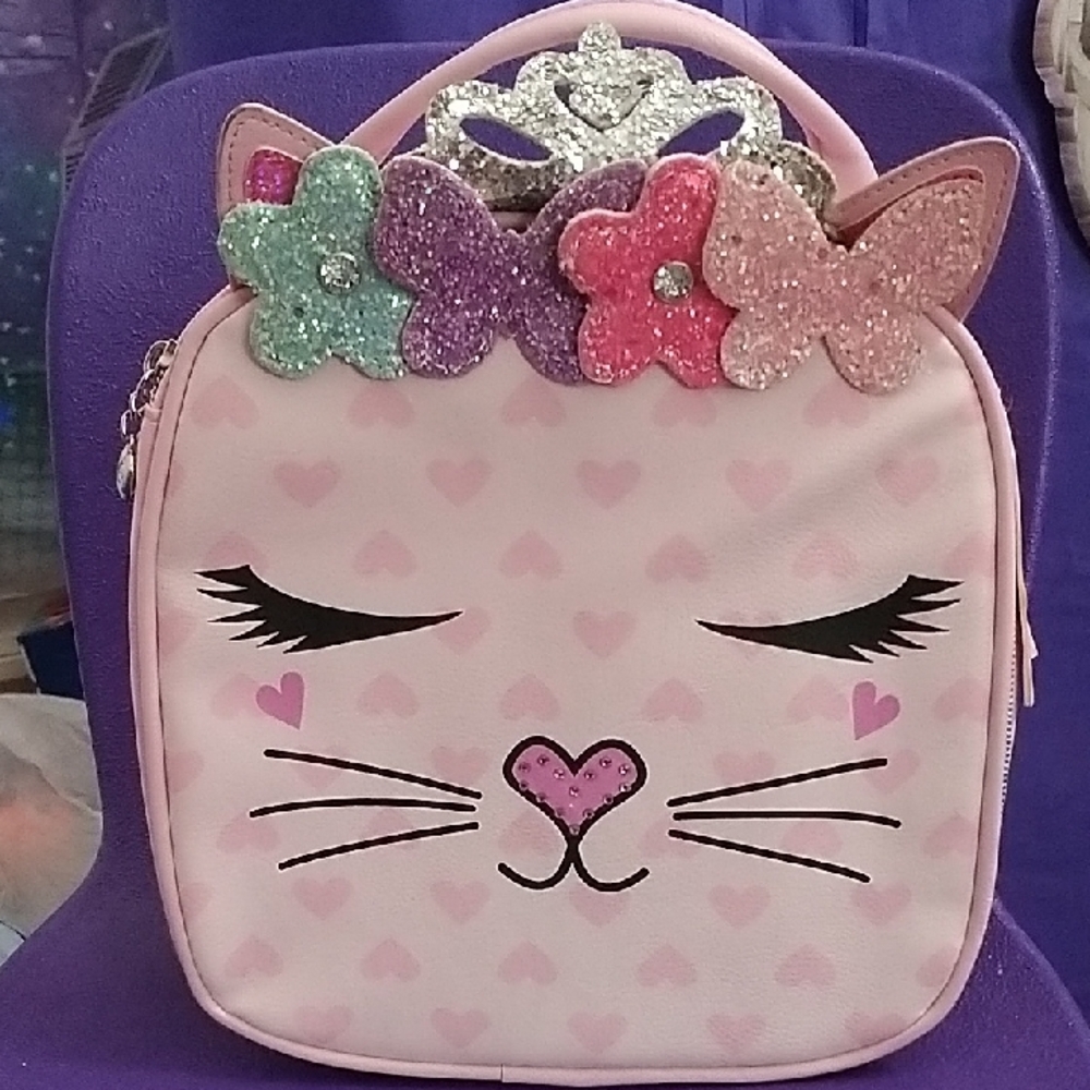 Cute Pink Cat Face Kids Backpack with Floral Accents